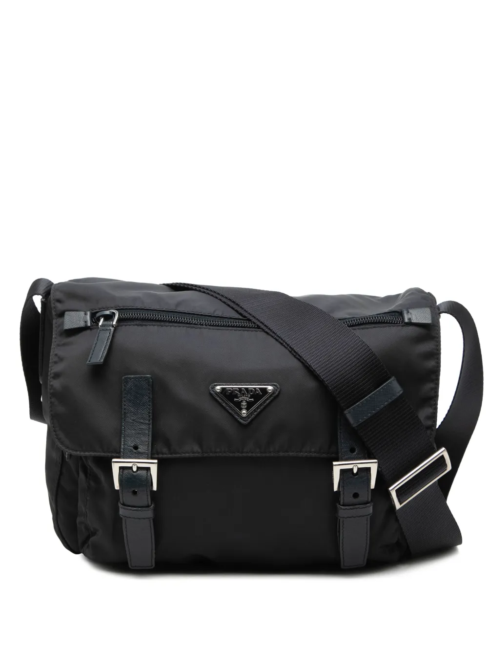 Prada Pre-Owned 2013-2026 Saffiano Trimmed Tessuto Zip Double Buckle Messenger Bag crossbody bag - Nero