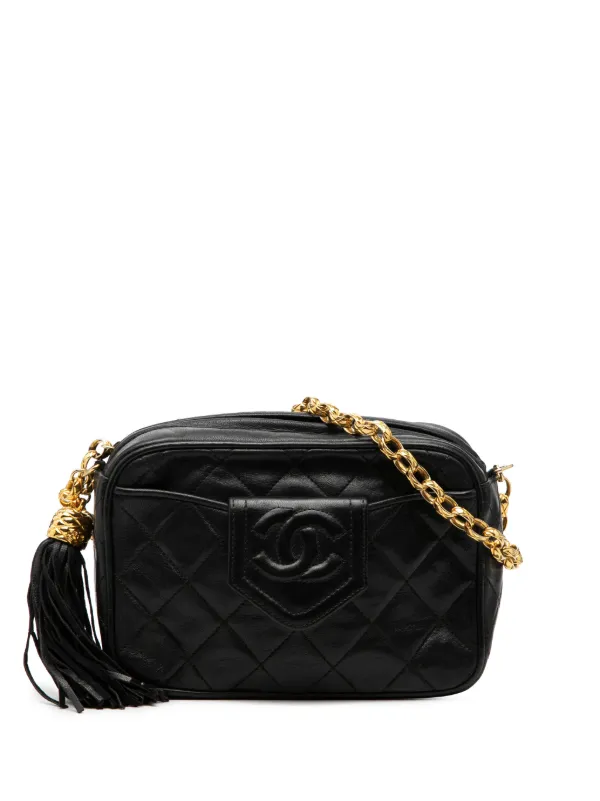 Chanel Pre-owned 1989-1991 CC Quilted Lambskin Tassel Camera Bag Crossbody Bag in Black