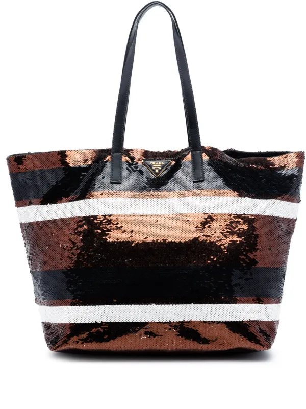 Prada Pre-owned 2013-2026 Sequined Satin Stripes Tote Bag in Brown