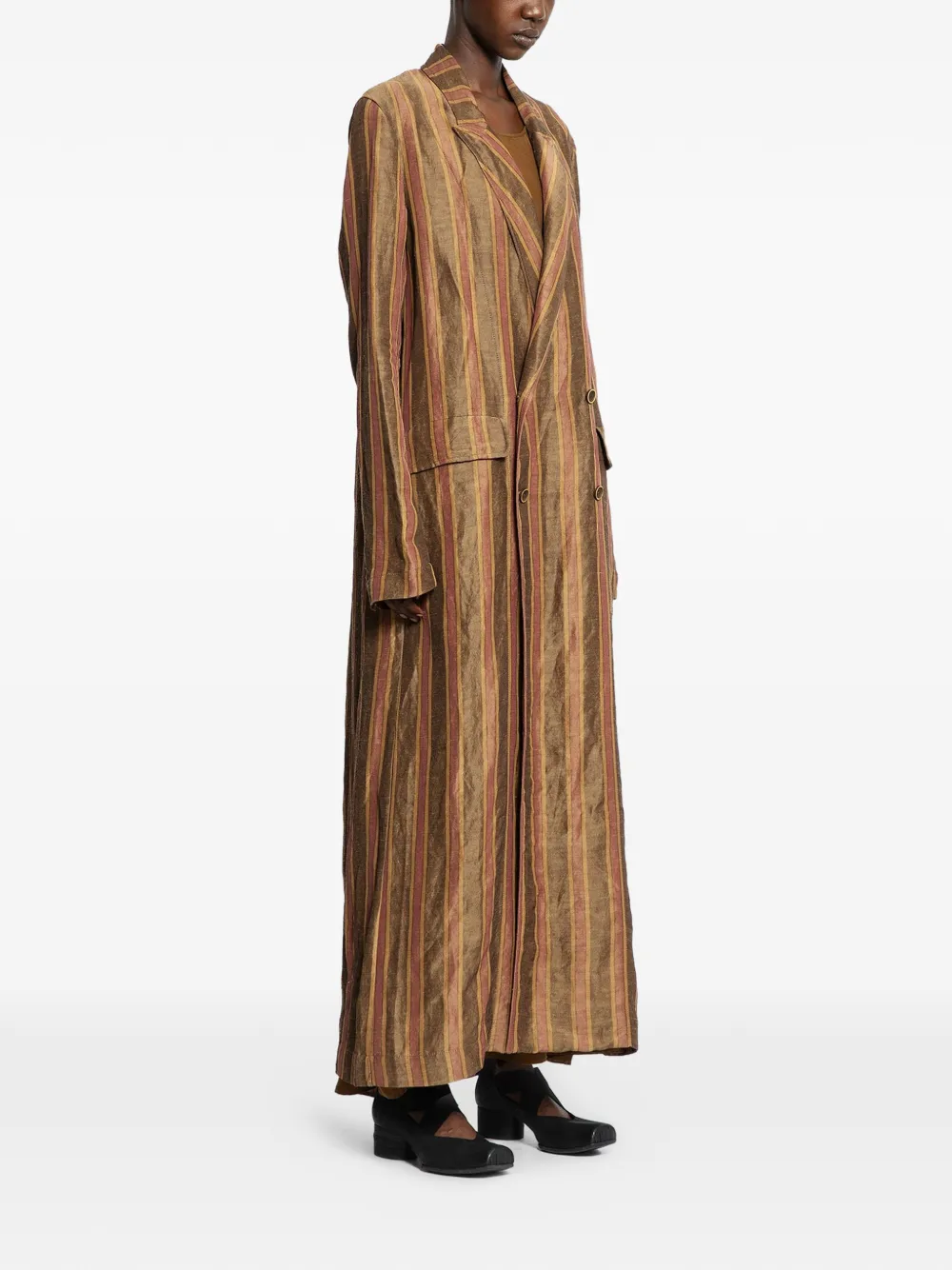 Uma Wang Striped Double-breasted Coat In Brown