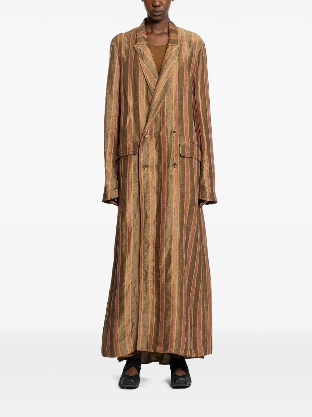 Uma Wang Striped Double-breasted Coat In Brown
