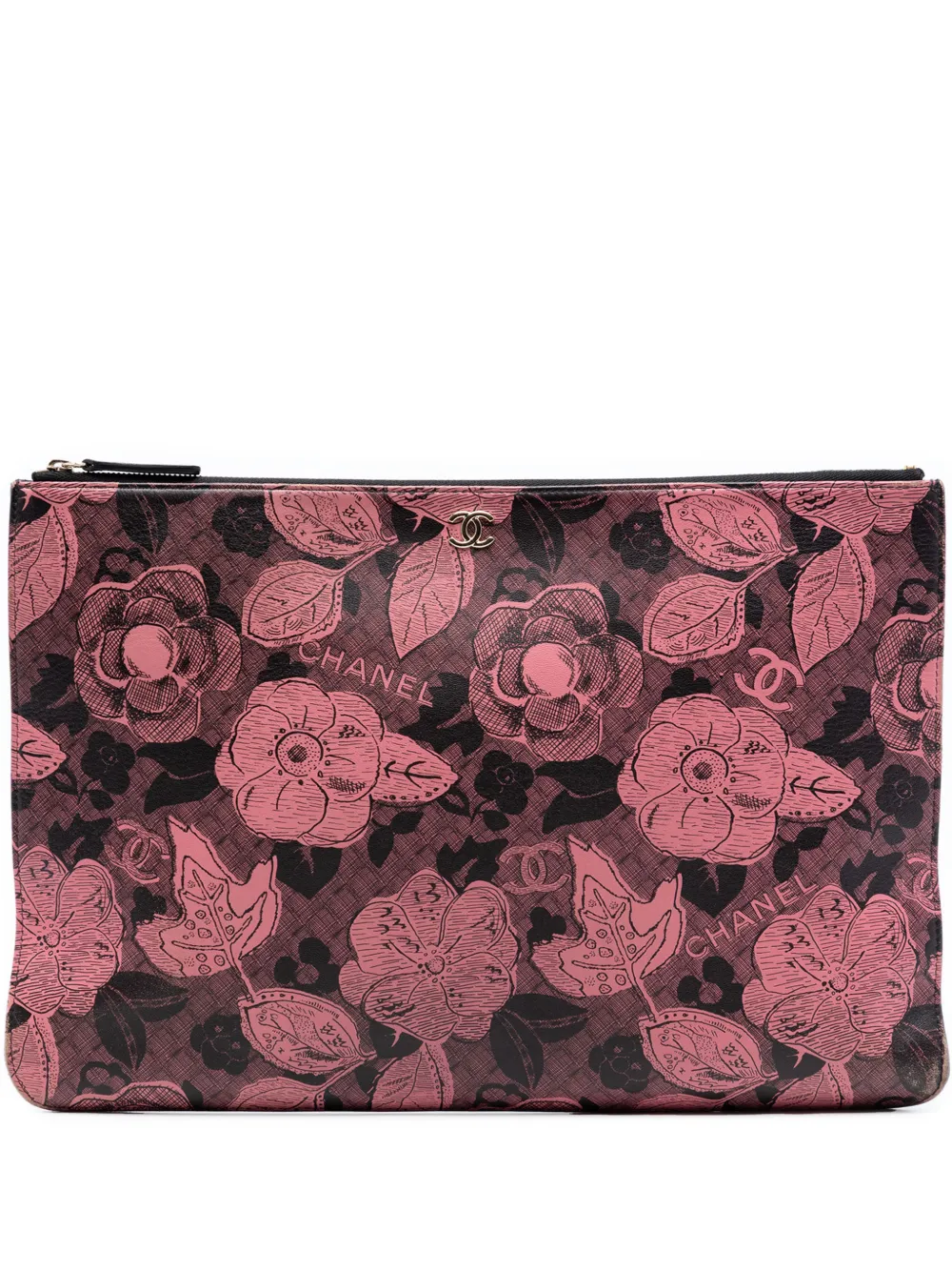 CHANEL Pre-Owned 2018-2019 Large CC Quilted Calfskin Camellia Printed O Case clutch bag - Nero