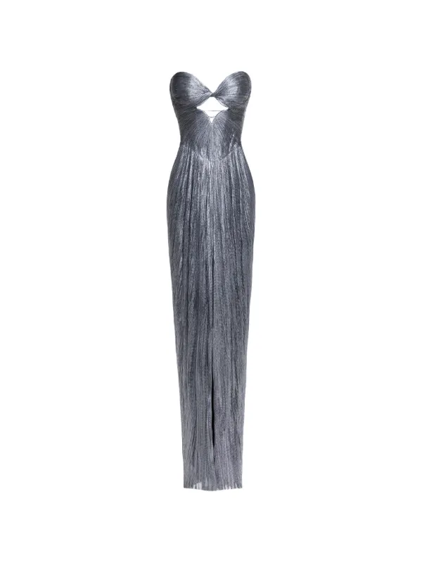 silver pleated maxi dress Elegant Round Neck Metallic Silver Pleated Maxi Dress Likemychoice