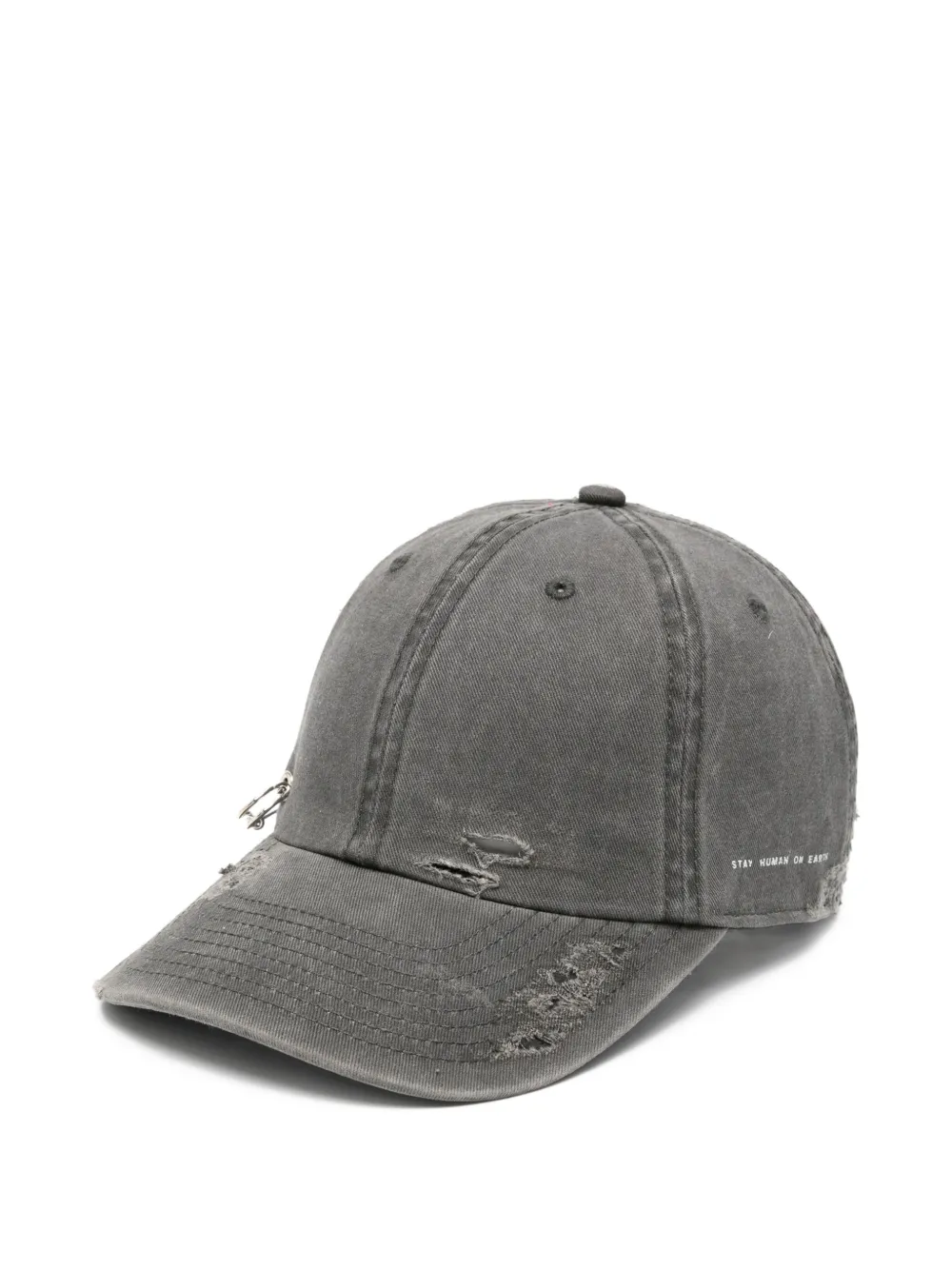 STAY HUMAN ON EARTH distressed safety-pin baseball cap - Grigio