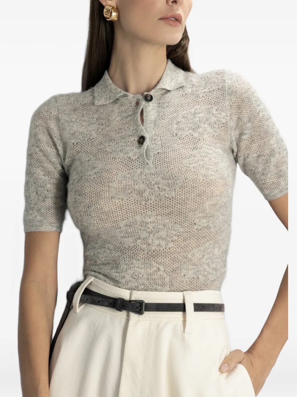 Brunello Cucinelli Floral-intarsia Polo-collar Knitted Top In Gray