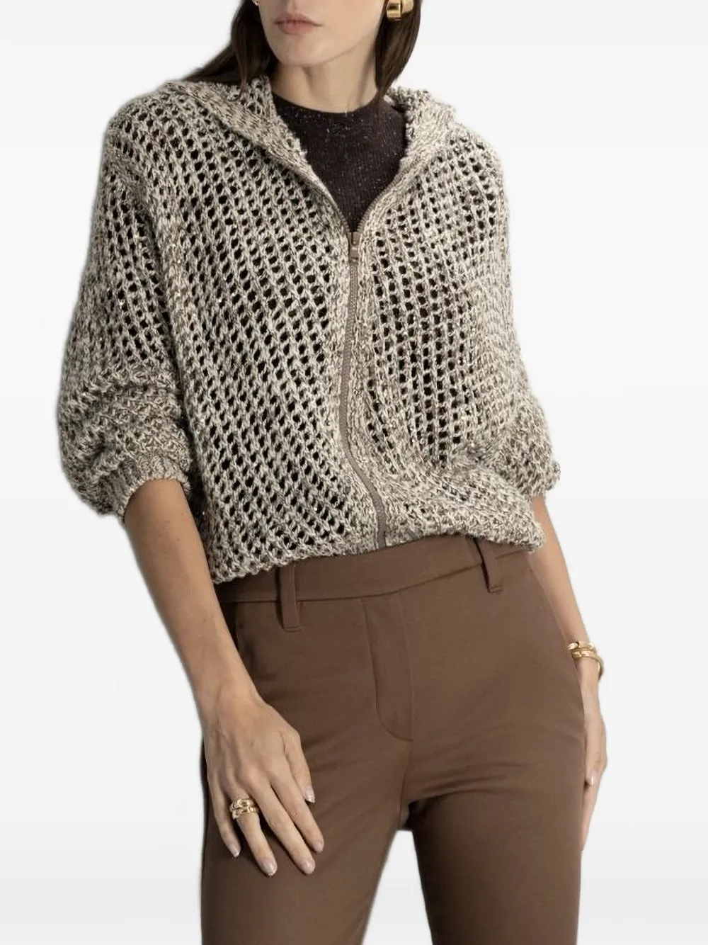 Brunello Cucinelli sequin-embellished hooded cardigan - Marrone