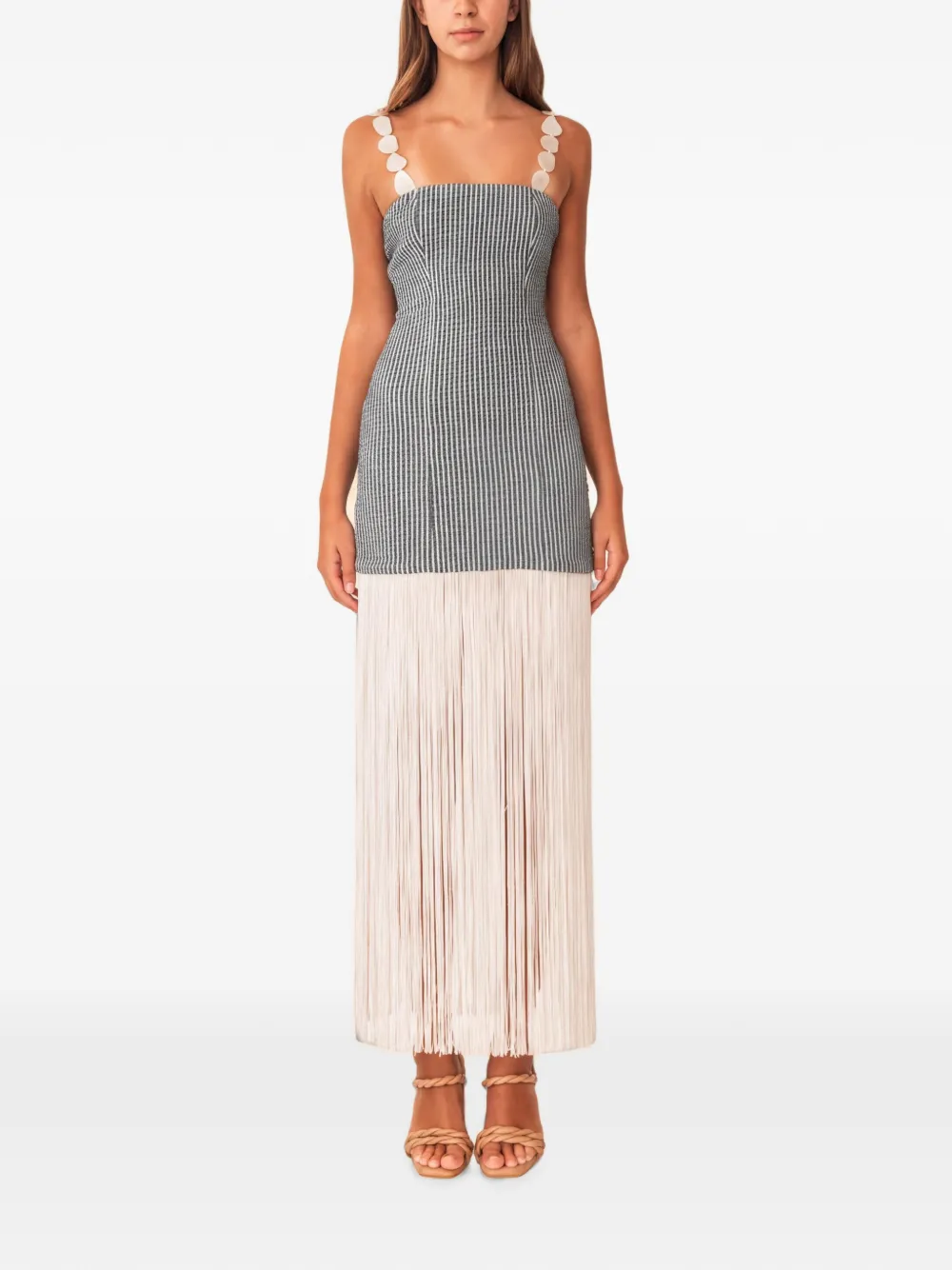 AZULU Elena fringe-trim striped maxi dress - Bianco