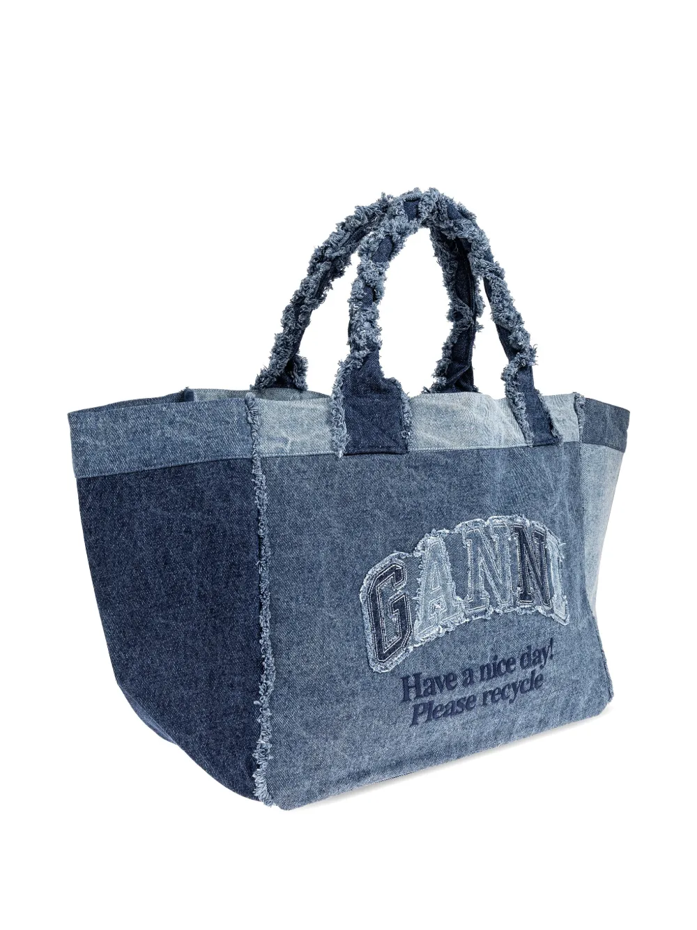 GANNI Shopper met patchwork en franje Blauw