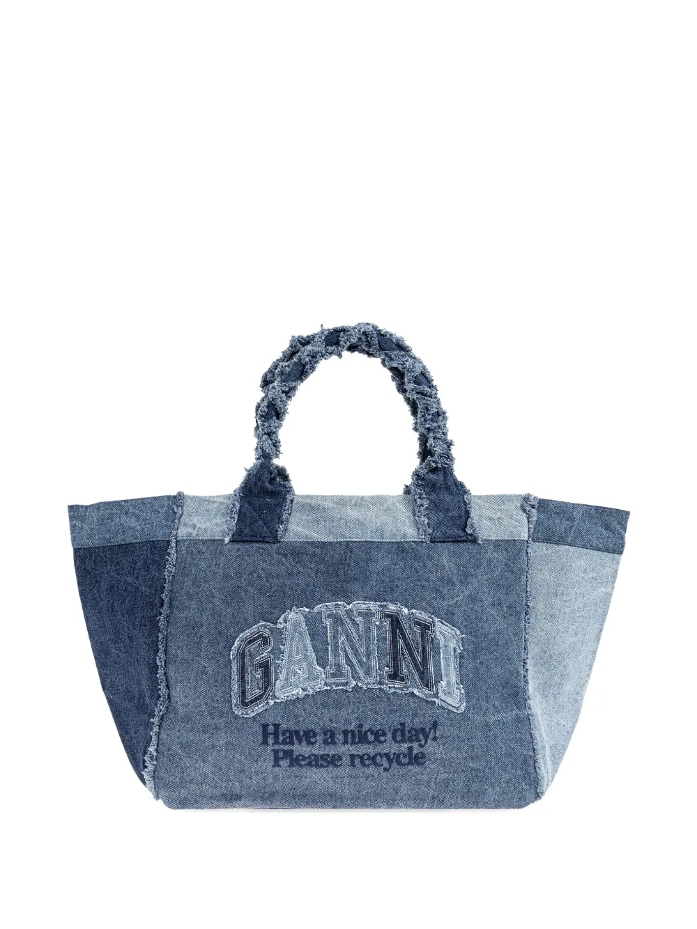 GANNI patchwork frayed-edge tote bag - Blue