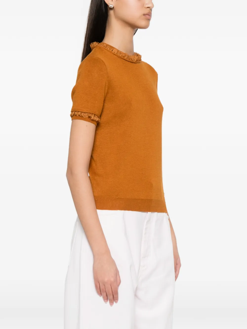 SHUSHU TONG Trui met korte mouwen en kanten afwerking Bruin