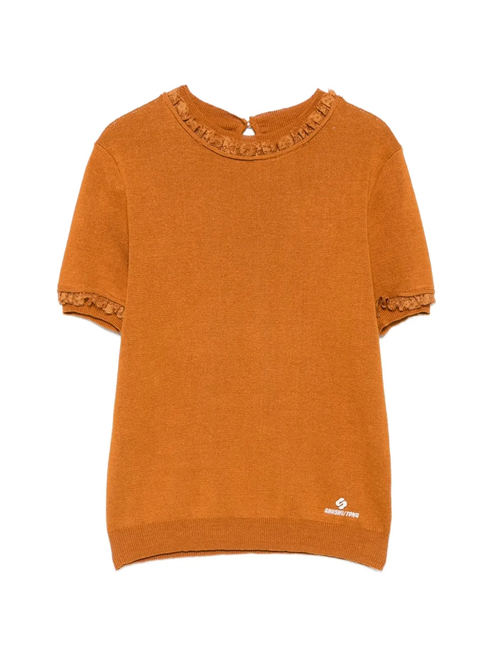 SHUSHU/TONG lace-trimmed short-sleeve sweater - Marrone