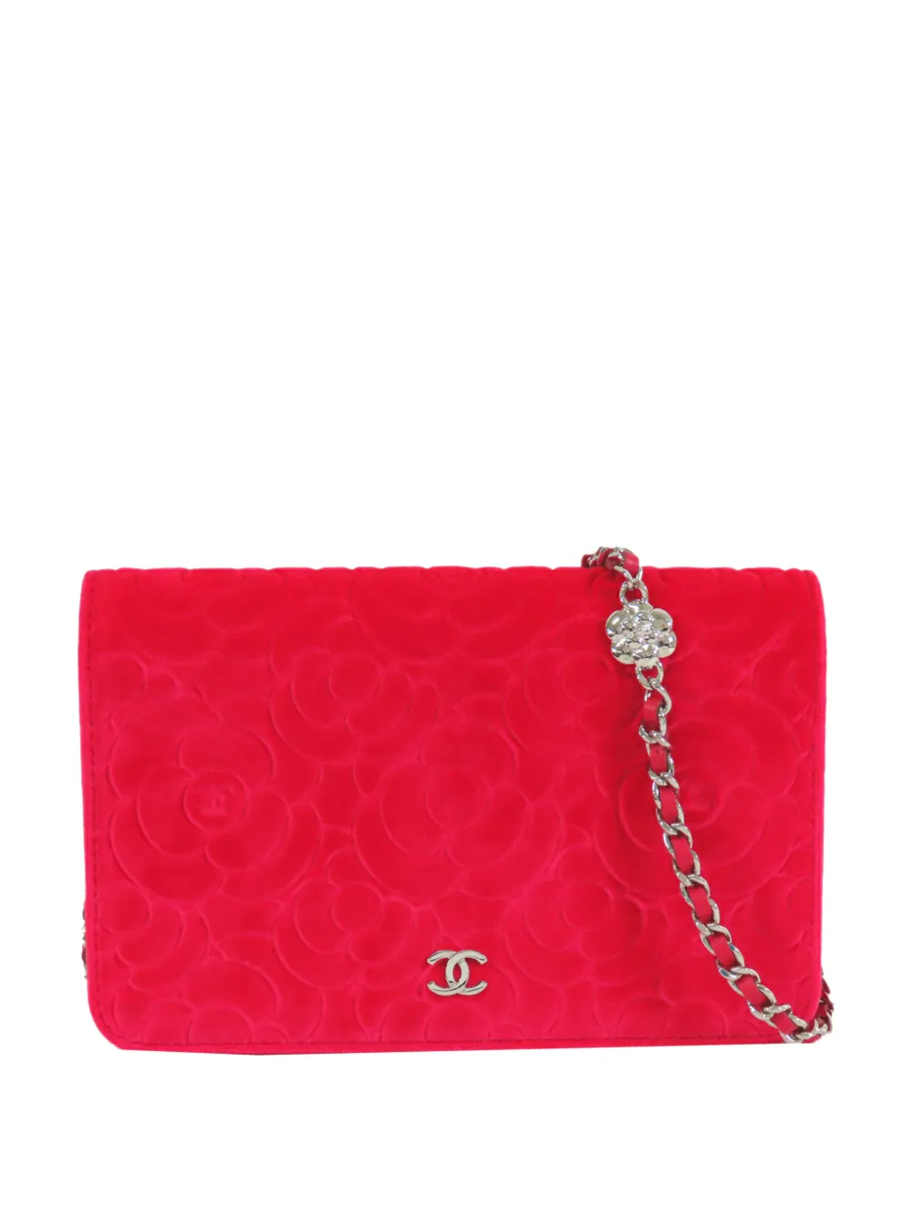 CHANEL Pre-Owned 2020 CC Embossed Velour Camellia Wallet On Chain crossbody bag - Rosso