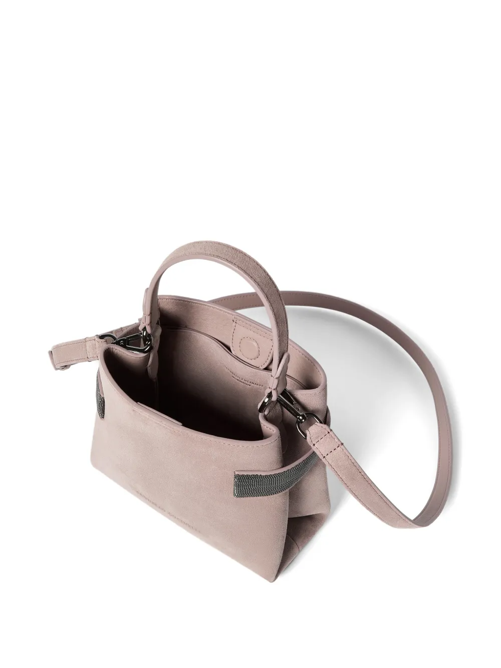 Brunello Cucinelli Kleine Essence suède tas met handvat en banden Roze