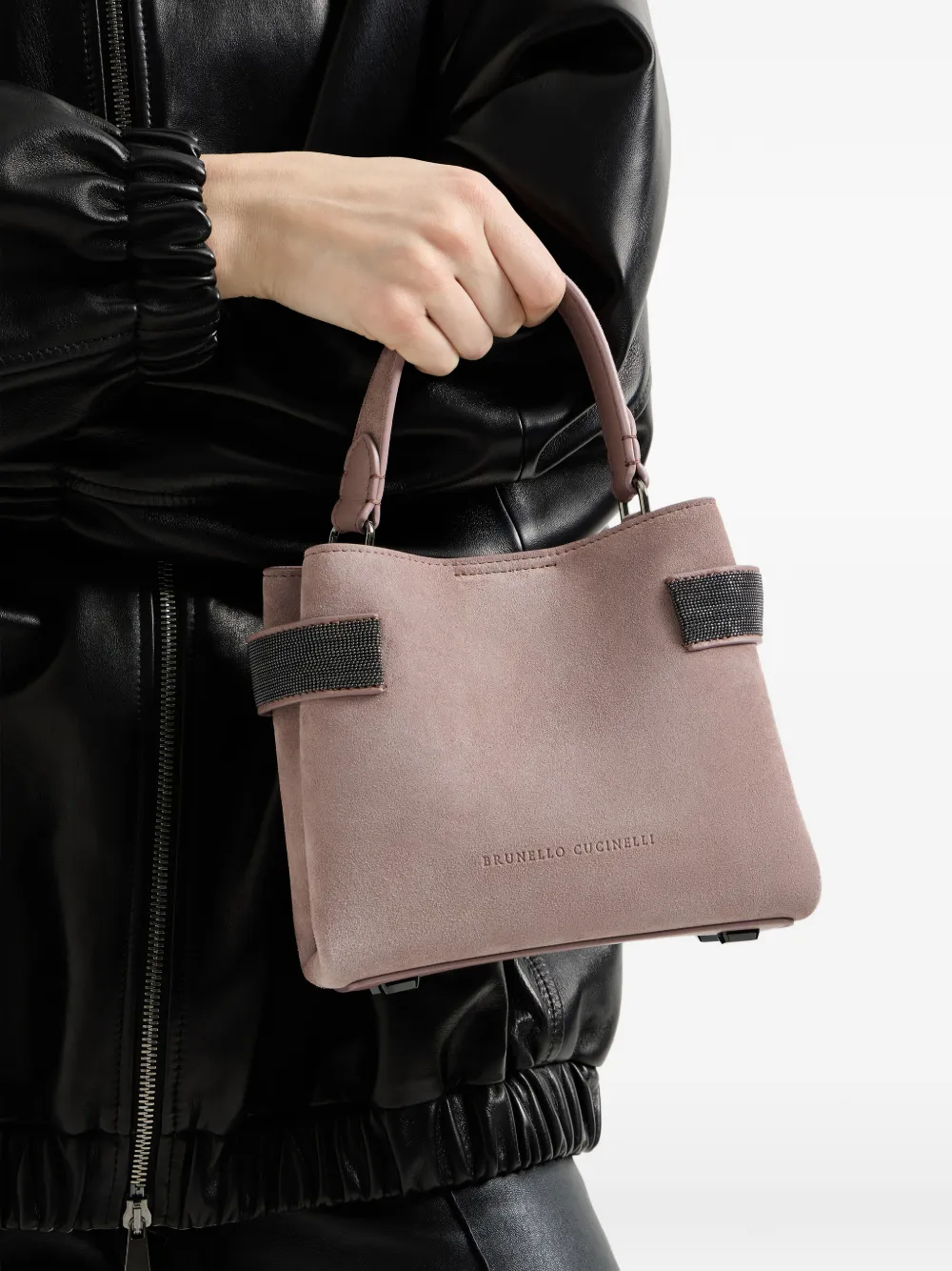 Brunello Cucinelli Essence small top-handle bag in suede with precious bands - Rosa