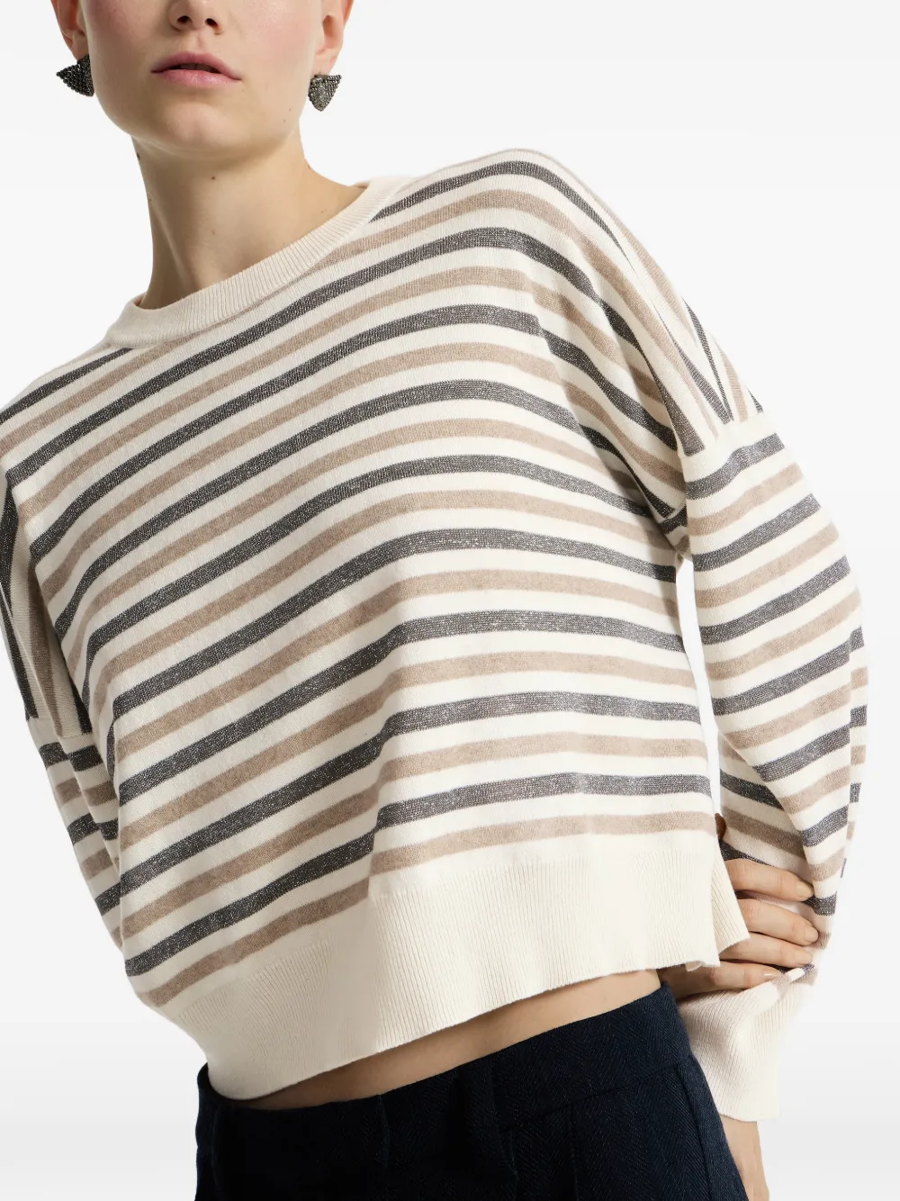 Brunello Cucinelli Trui van scheerwol kasjmier en zijde met strepen Beige