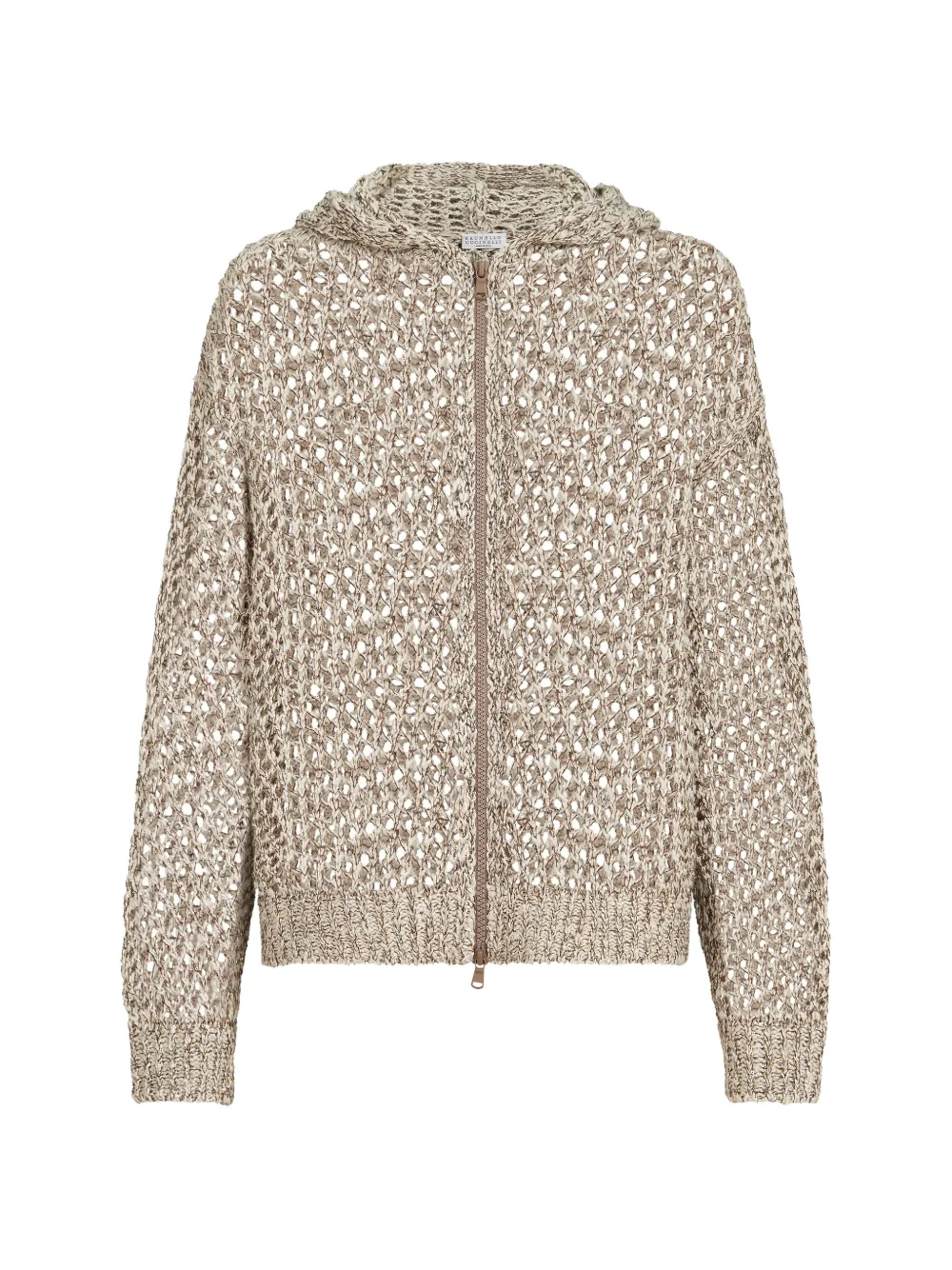 Brunello Cucinelli dazzling chiné net hooded cardigan in silk and linen with zipper - Toni neutri