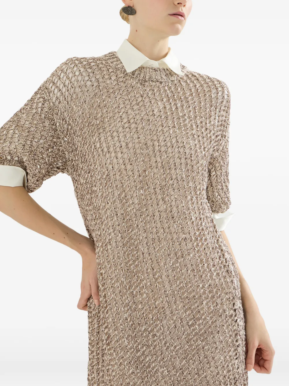 Brunello Cucinelli Chiné gebreide jurk van zijde en linnen Beige