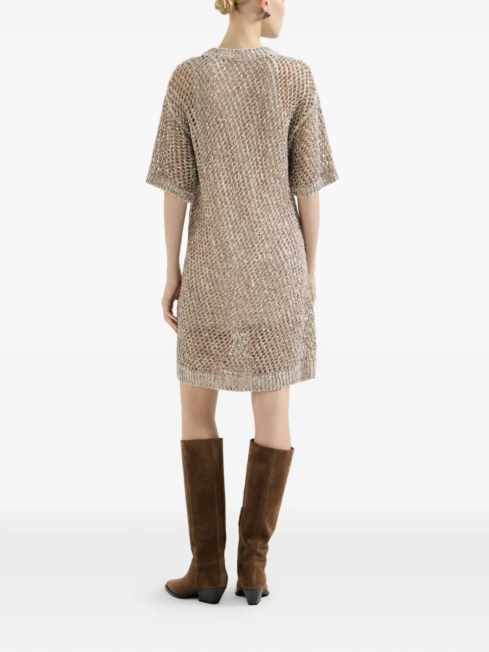 Brunello Cucinelli Chiné gebreide jurk van zijde en linnen Beige