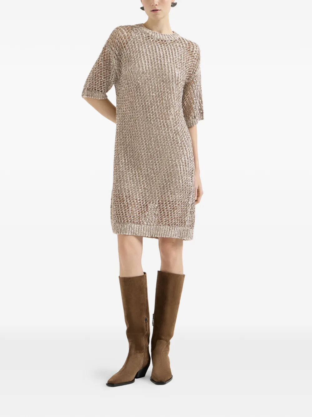 Brunello Cucinelli Chiné gebreide jurk van zijde en linnen Beige