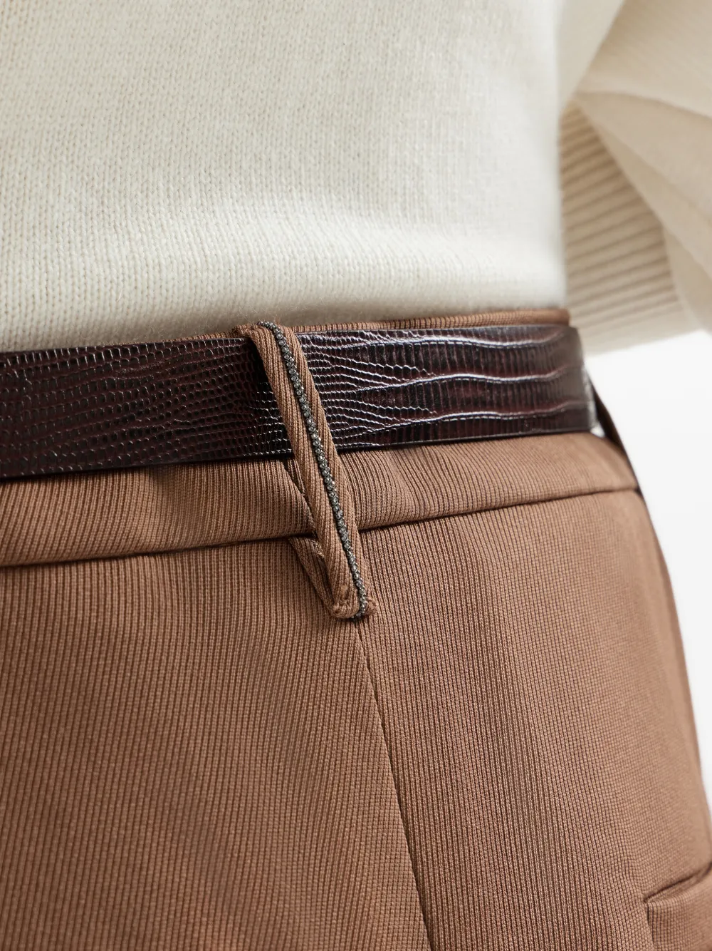 Brunello Cucinelli Scheerwollen en viscose plooibroek met monili Bruin