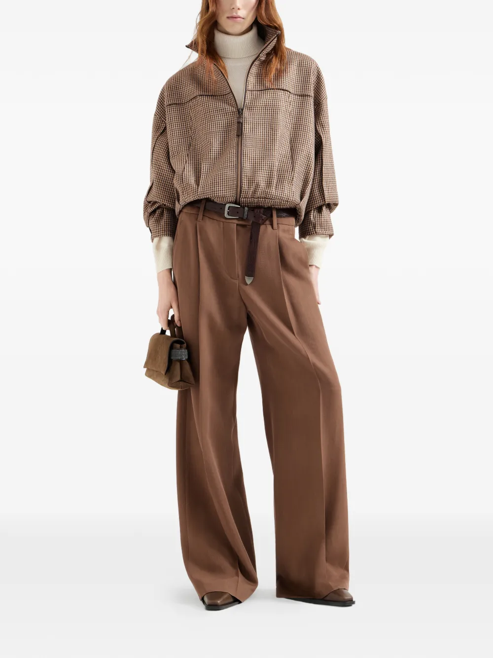 Brunello Cucinelli Scheerwollen en viscose plooibroek met monili Bruin