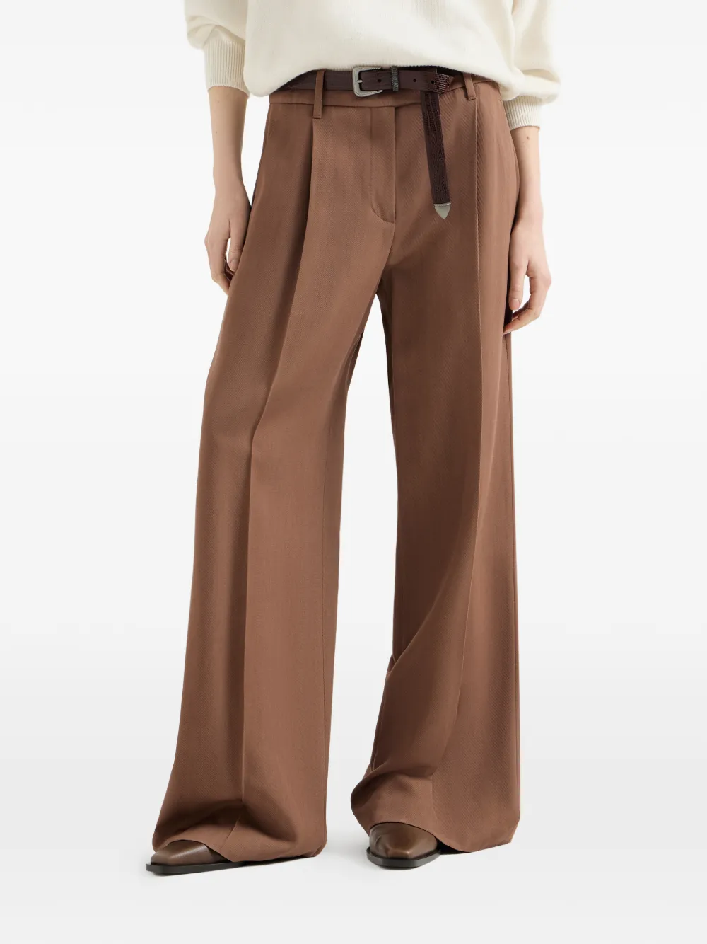 Brunello Cucinelli Scheerwollen en viscose plooibroek met monili Bruin
