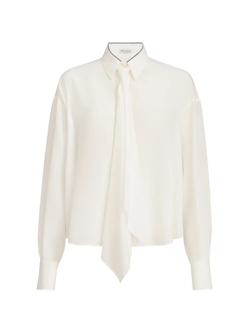 Brunello Cucinelli silk crêpe de Chine shirt with tie and shiny collar - Bianco