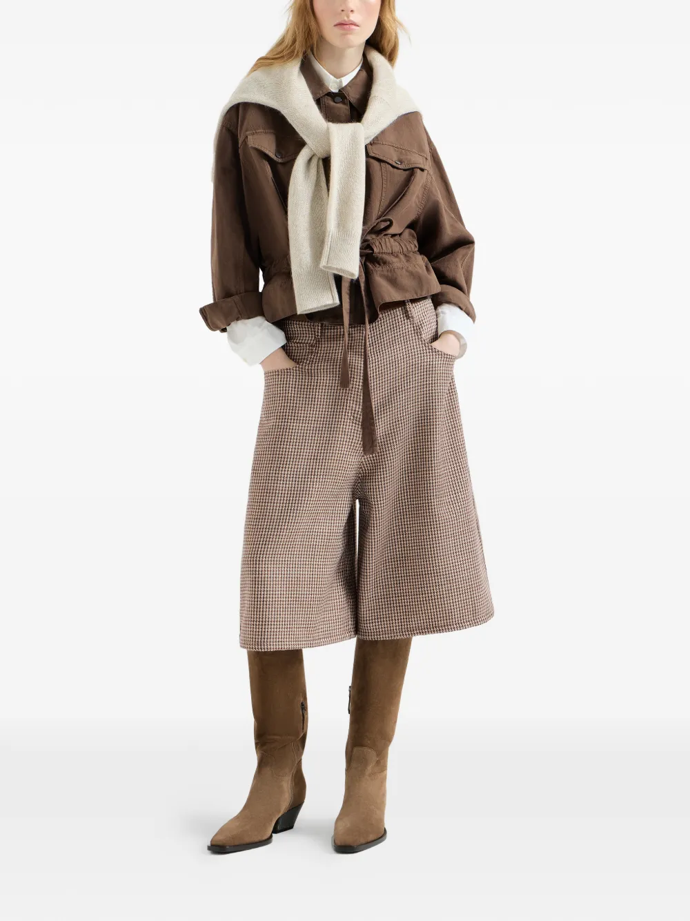 Brunello Cucinelli Bermuda shorts met pied-de-poule print en Monili-scheerwol Beige