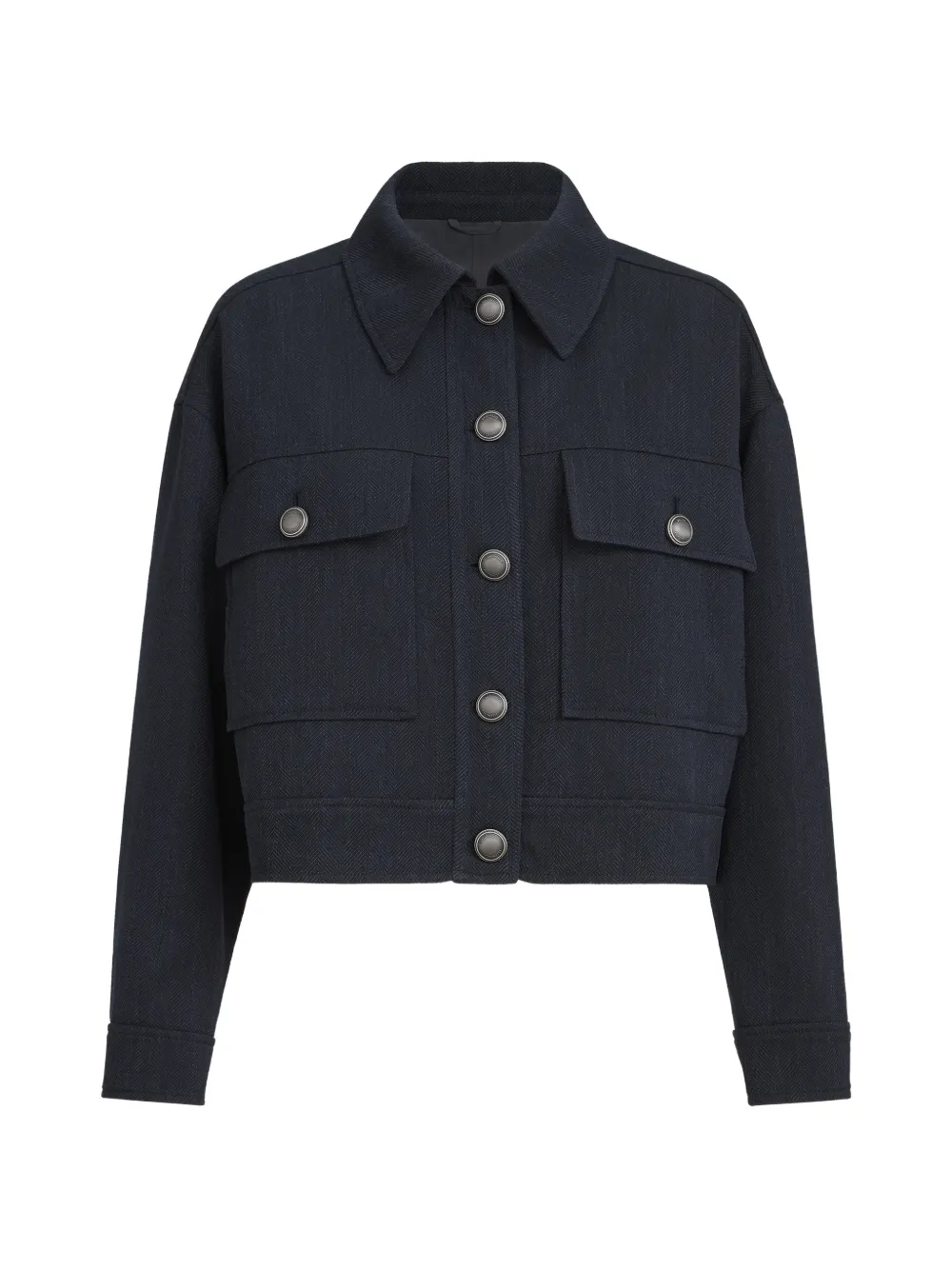 Brunello Cucinelli virgin-wool crêpe chevron cropped outerwear jacket with monili - Blau