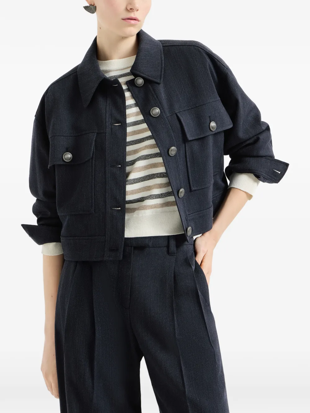 Brunello Cucinelli Cropped jack van scheerwol met monili en chevron-streep Blauw