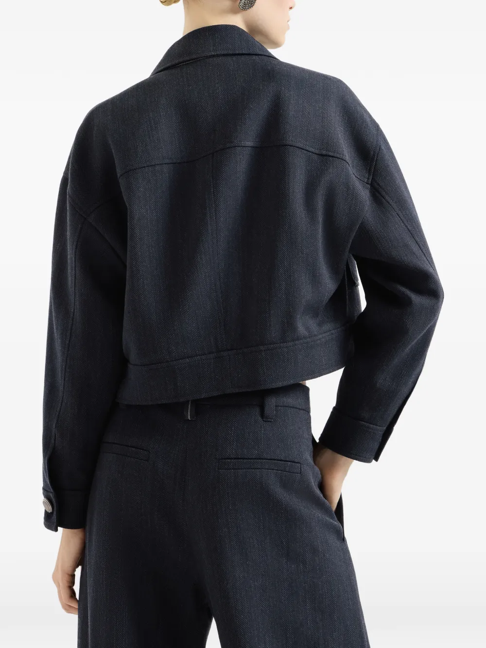 Brunello Cucinelli Cropped jack van scheerwol met monili en chevron-streep Blauw