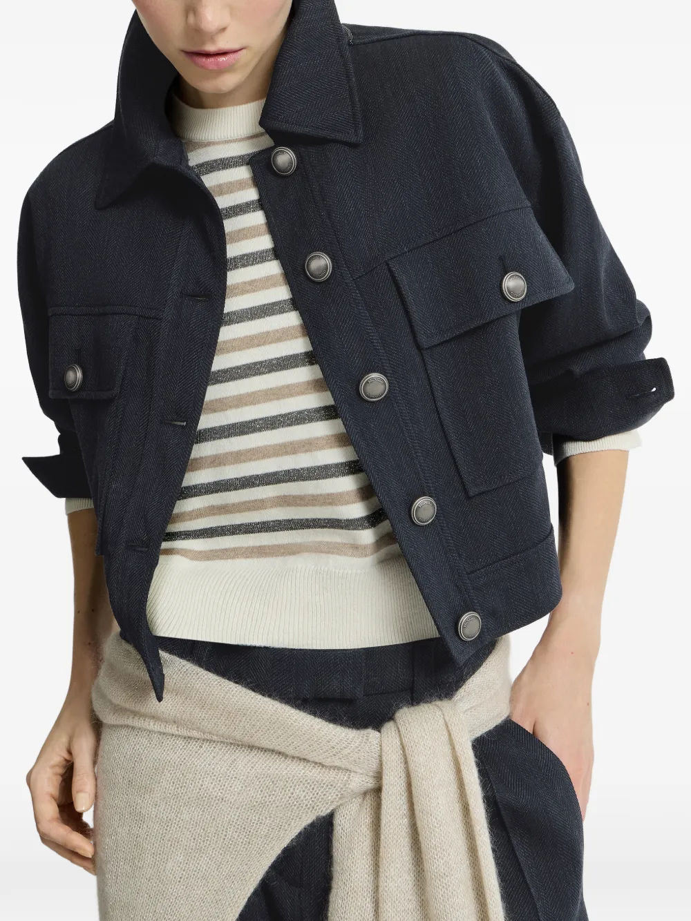 Brunello Cucinelli Cropped jack van scheerwol met monili en chevron-streep Blauw