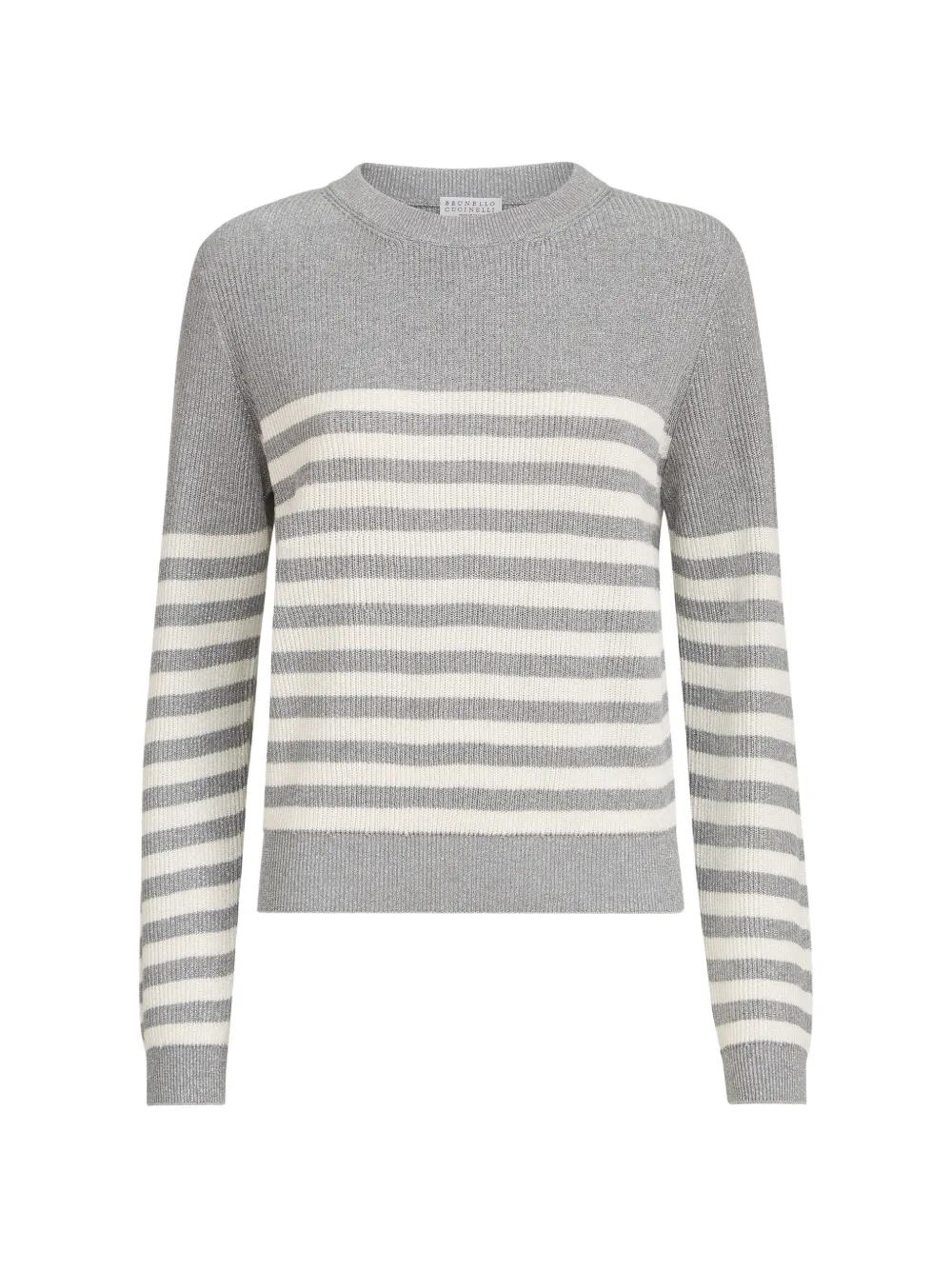 Brunello Cucinelli sparkling cotton striped English rib sweater with monili - Grigio