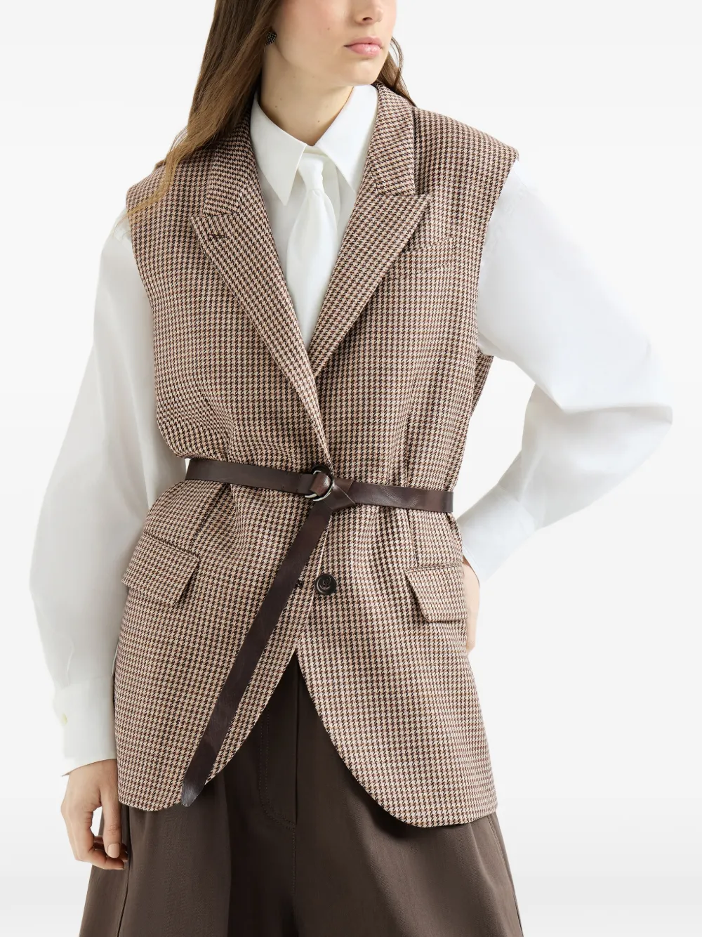  Brunello Cucinelli Gilet Pied De Poule En Laine Vierge Scintillante Avec Inserts En Cuir, Ceinture Et Monili - Tons Neutres 