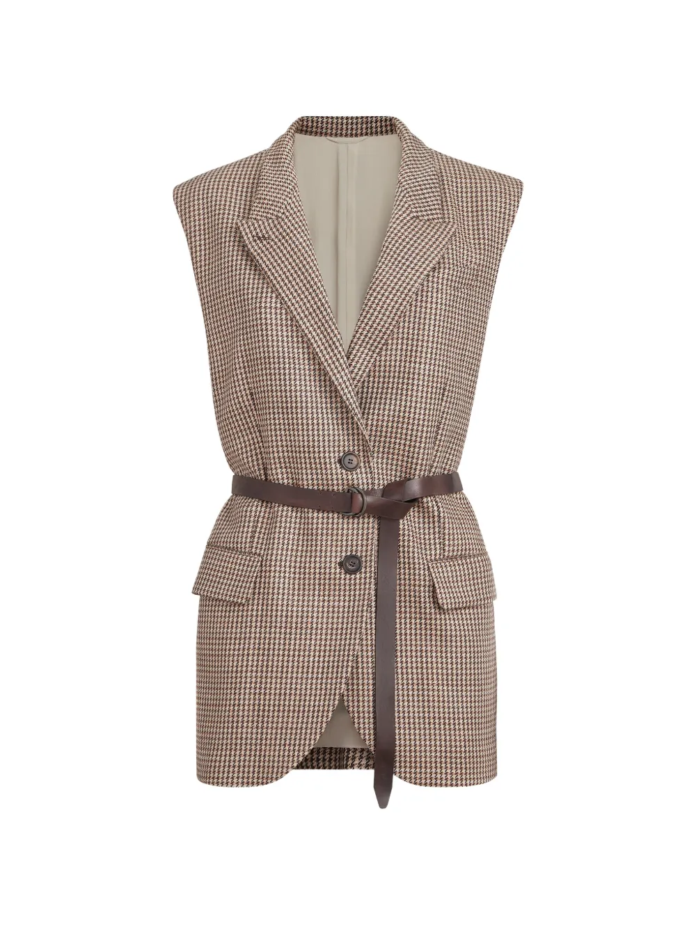 Brunello Cucinelli Sparkling Virgin-wool Houndstooth Vest With Leather Inserts, Belt And Monili In Brown
