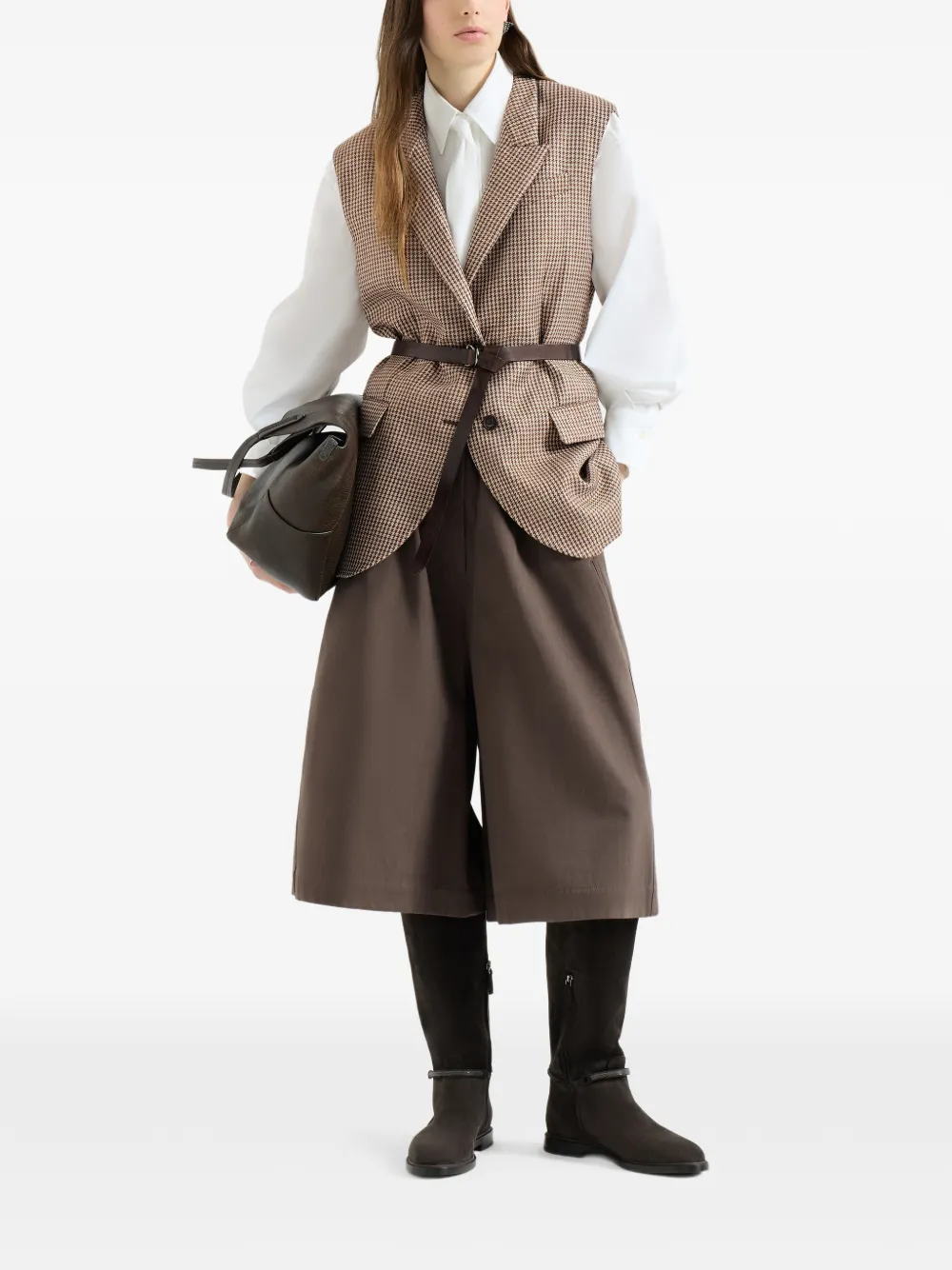  Brunello Cucinelli Gilet Pied De Poule En Laine Vierge Scintillante Avec Inserts En Cuir, Ceinture Et Monili - Tons Neutres 