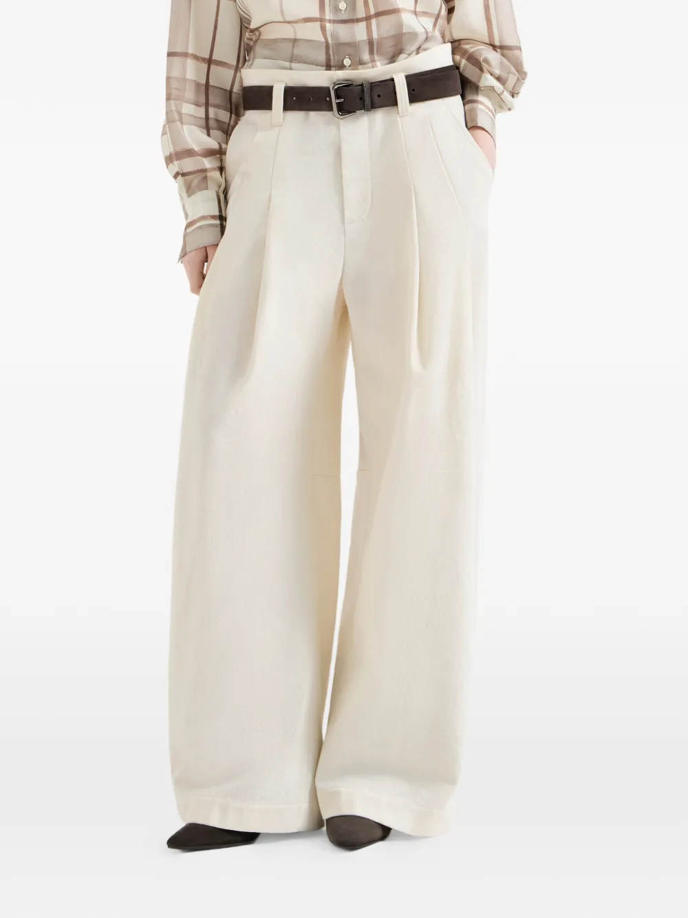  Brunello Cucinelli Pantaloni Baggy In Cotone Tinto In Capo E Lana Effetto Stropicciato Con Cinque Tasche E Motivo Monili - Toni Neutri 