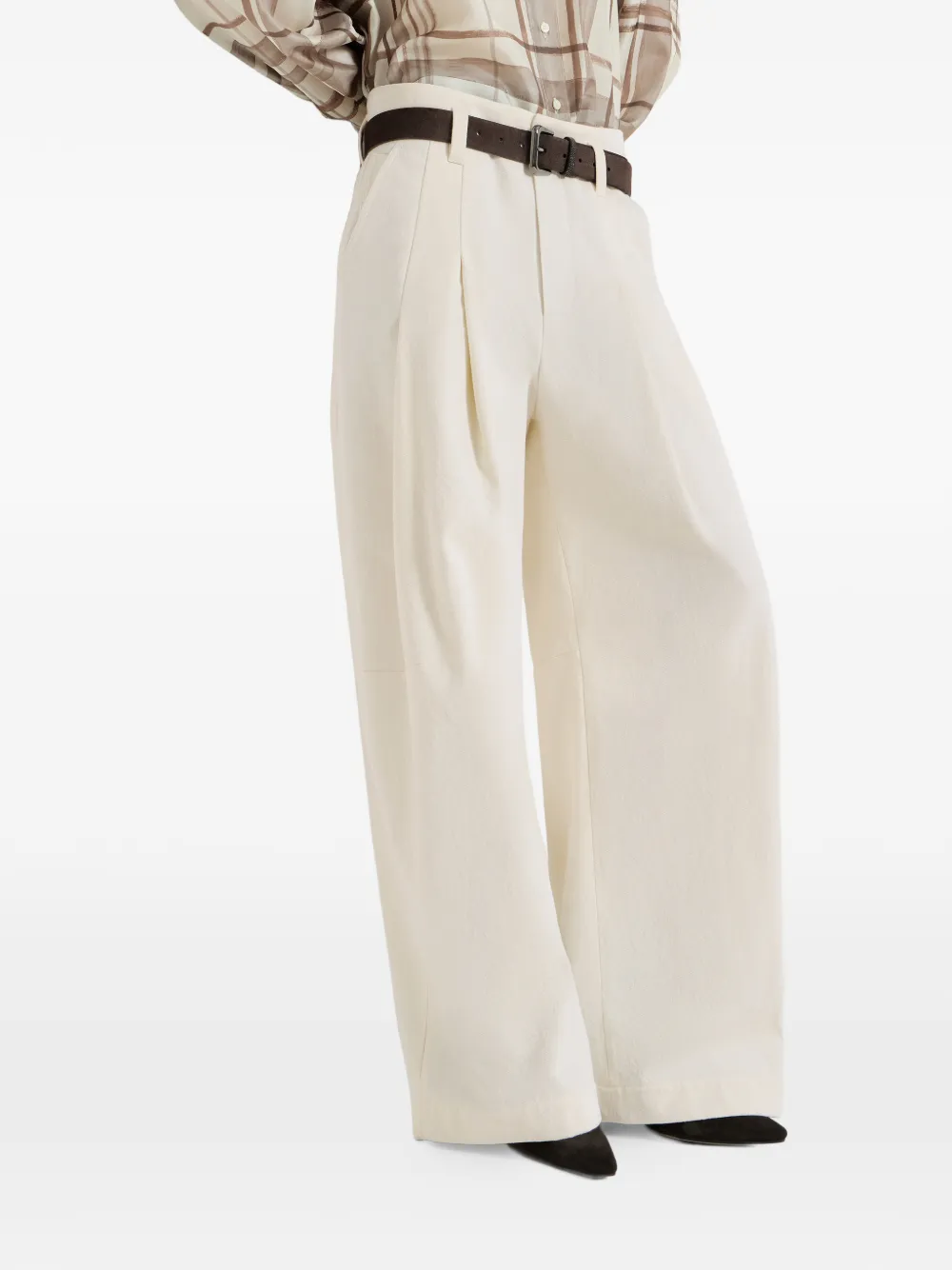 Brunello Cucinelli Geverfde katoenen en wollen denim baggy broek met monili Beige