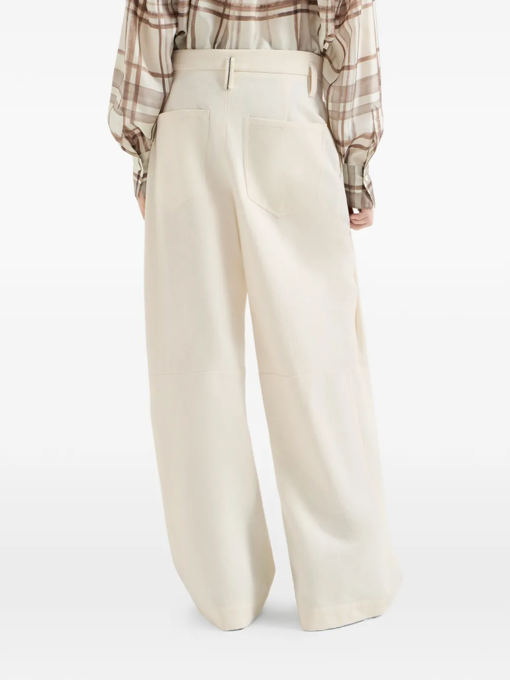 Brunello Cucinelli Geverfde katoenen en wollen denim baggy broek met monili Beige