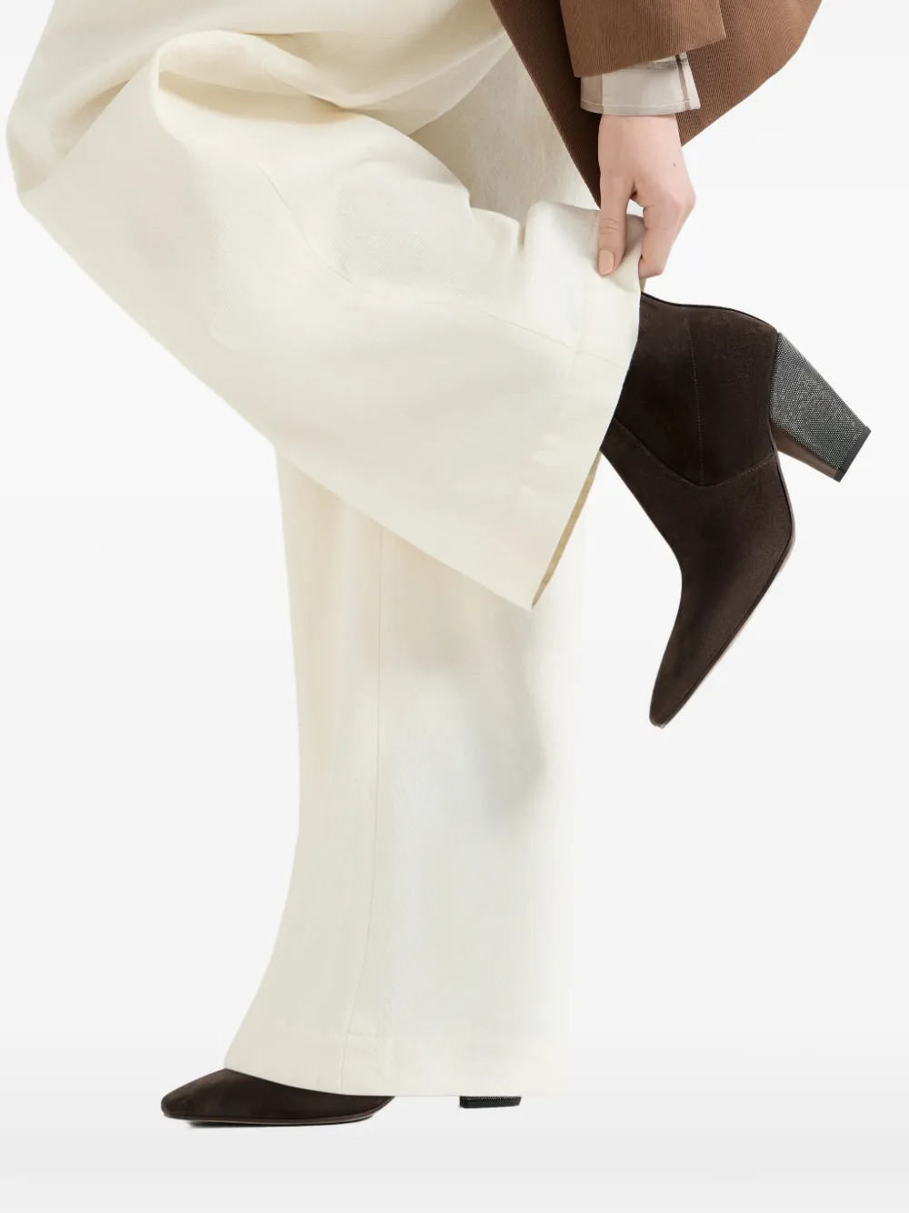 Brunello Cucinelli Suède enkellaarzen met kostbare hiel Bruin