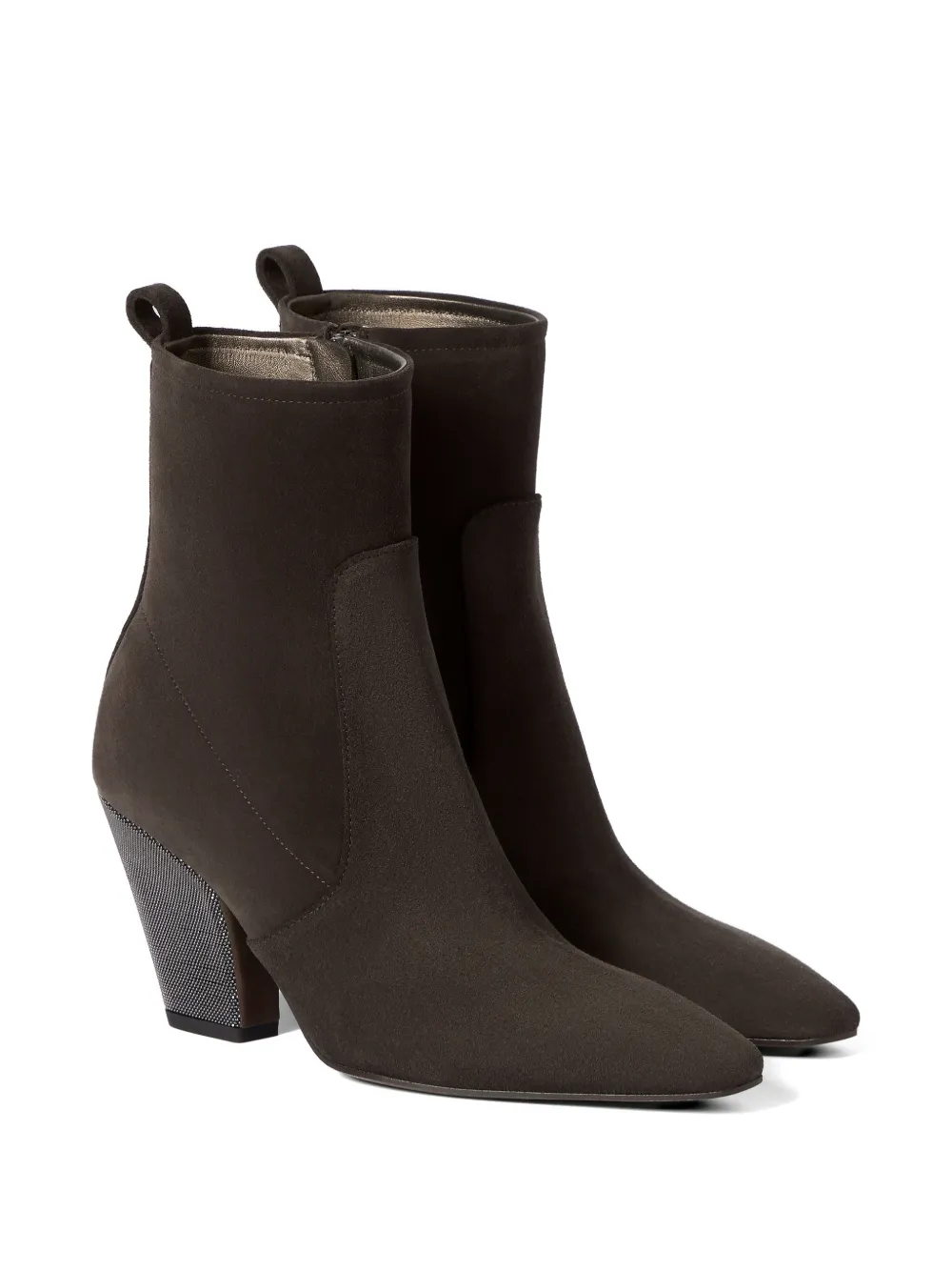 Brunello Cucinelli Suède enkellaarzen met kostbare hiel Bruin