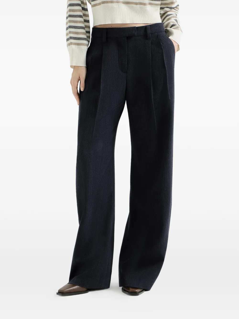 Brunello Cucinelli Pantalon van scheerwol met chevron streep en monili Blauw