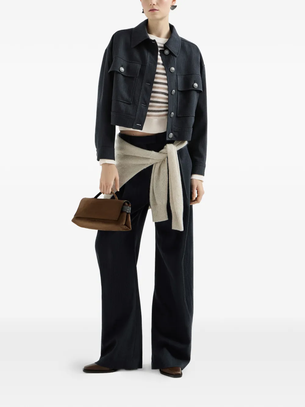 Brunello Cucinelli Pantalon van scheerwol met chevron streep en monili Blauw