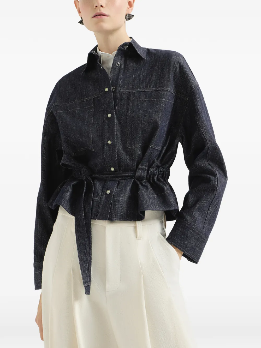 Brunello Cucinelli Twill cropped blouse met katoenen denim-effect Blauw