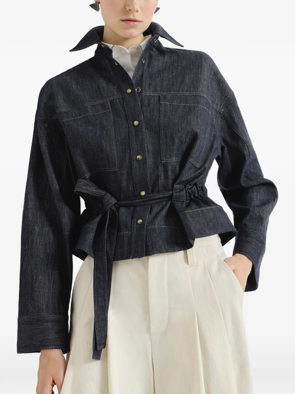 Brunello Cucinelli Twill cropped blouse met katoenen denim-effect Blauw