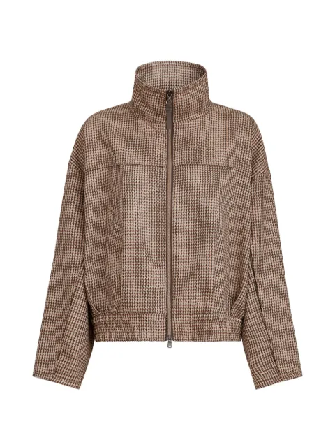 Brunello Cucinelli veste d'extérieur en pied de poule en laine vierge scintillante avec passepoil en cuir et fermeture éclair brillante