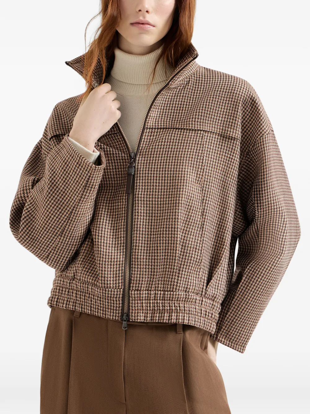 Brunello Cucinelli Jack van scheerwol met pied-de-pouleprint en rits Bruin