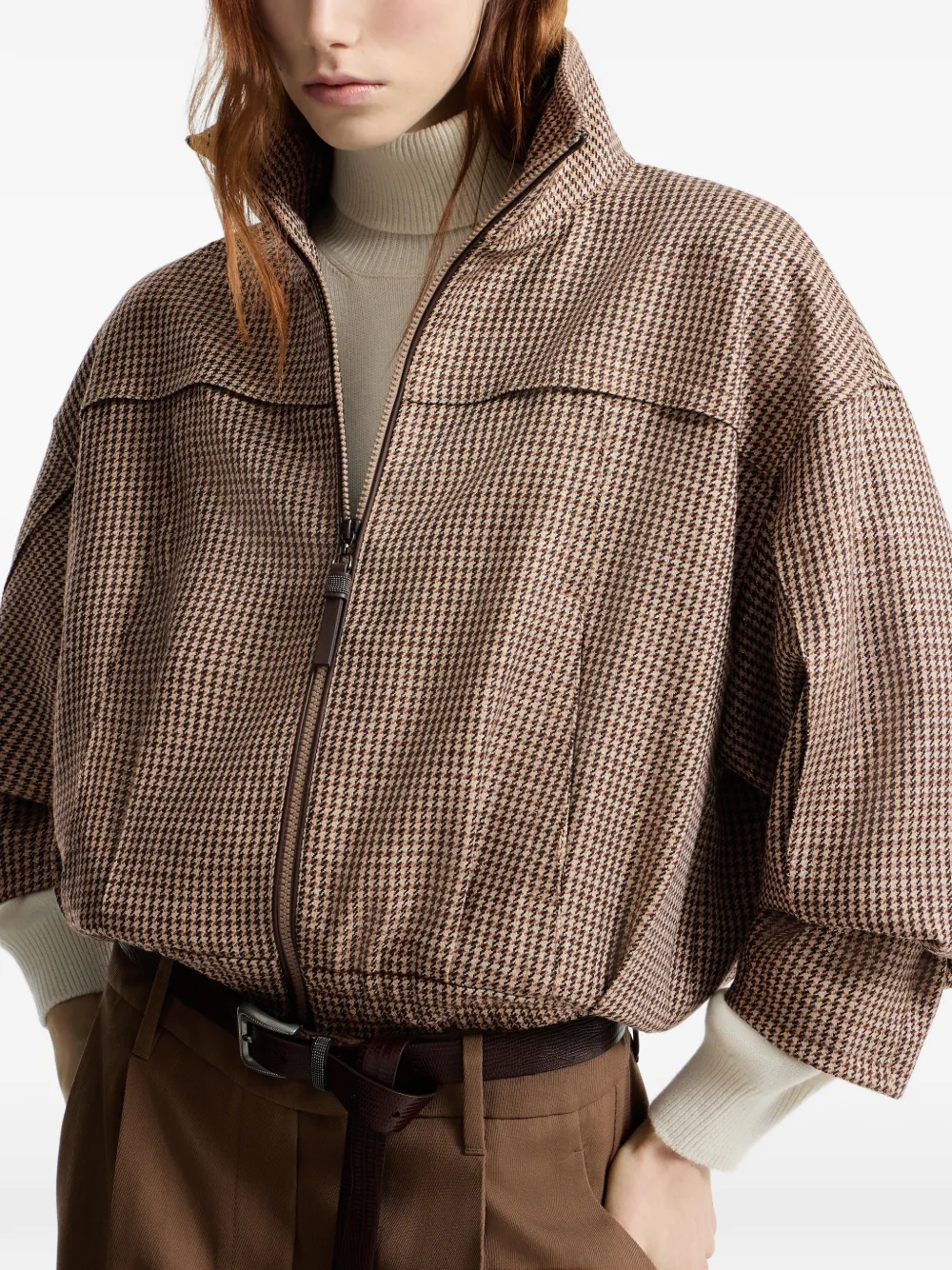 Brunello Cucinelli Jack van scheerwol met pied-de-pouleprint en rits Bruin