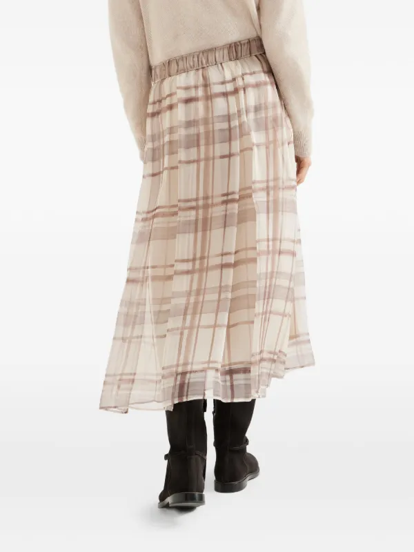 Brunello Cucinelli Silk Organza Pleated Skirt In Macrocheck Print