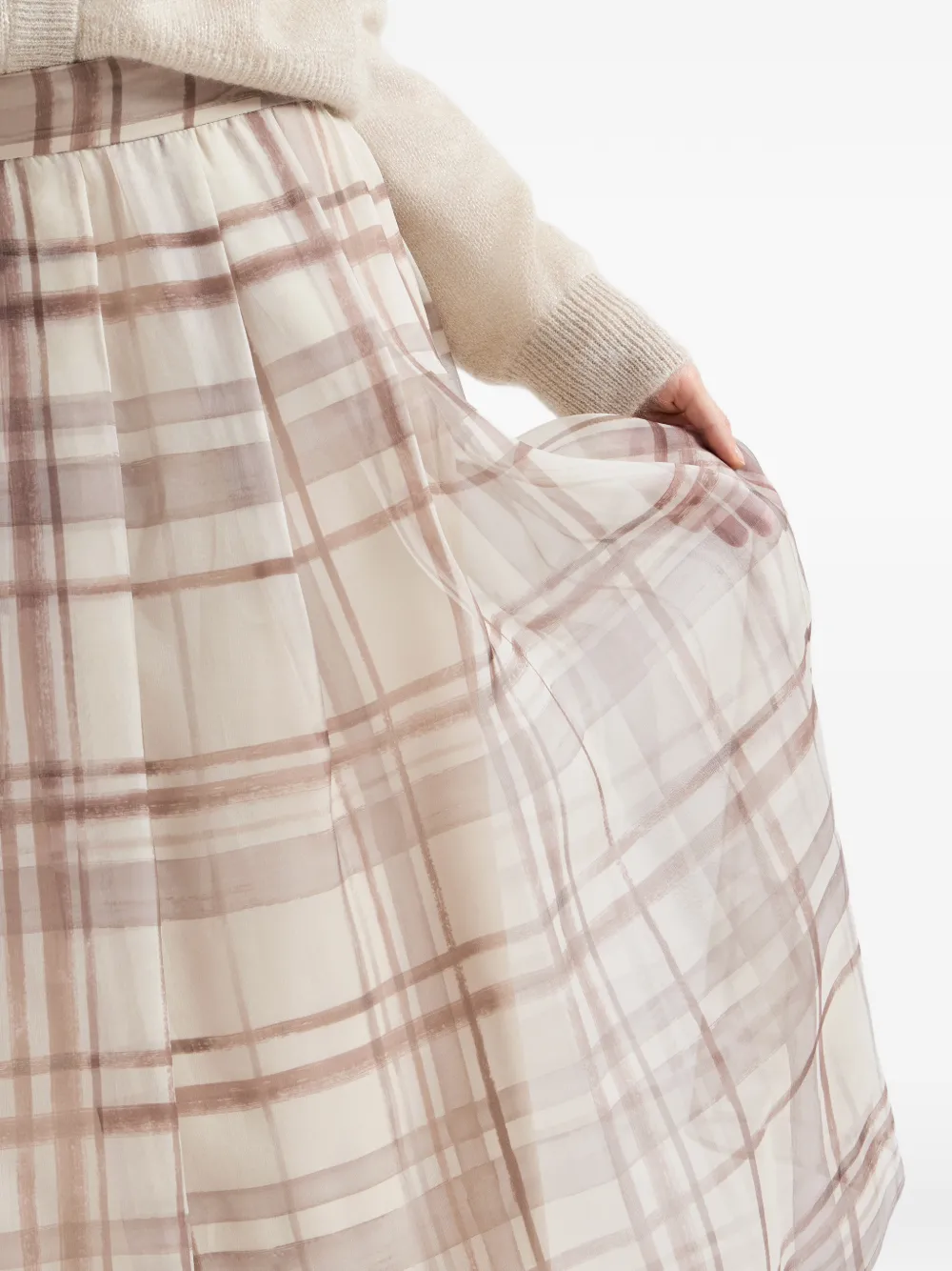 Brunello Cucinelli Zijde organza geplooide rok met macroruit Beige